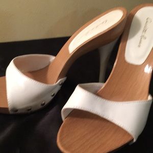 White slip on patent leather heels